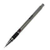 Uni Mitsubishi Boxy vintage versatil kalem, gümüş metal gövde ve siyah tırtıklı kavrama, 0.5 mm