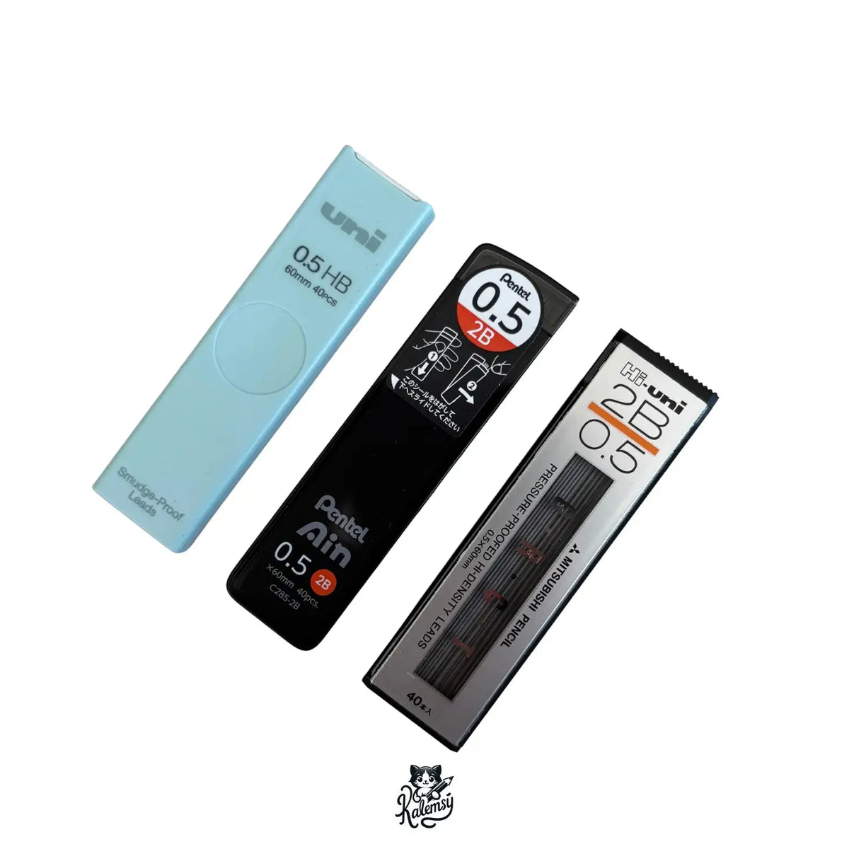 Kalemsy 0.5 mm uç deneme seti: uni 0.5 HB, Pentel Ain 0.5 2B ve Hi-Uni 0.5 2B uç kutuları yan yana
