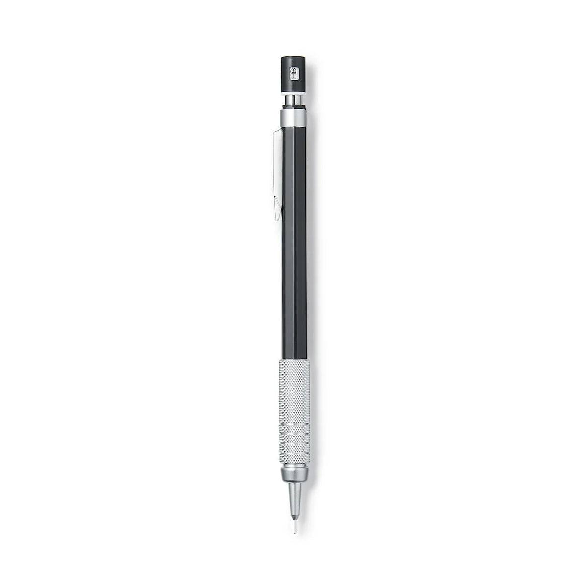 MUJI versatil kalem siyah gövde ve tırtıklı metal kavrama, dik tam boy görünüm, 0.5 mm