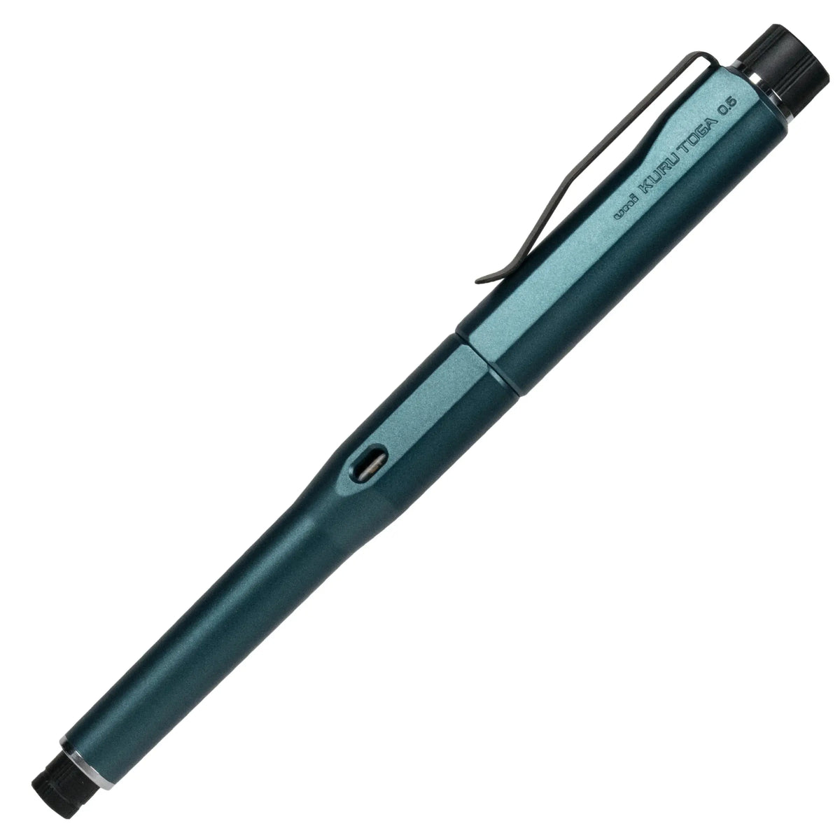 Uni Kuru Toga Dive versatil kalem yeşil, iki tonlu kapaklı gövde, tam boy çapraz görünüm, 0.5 mm