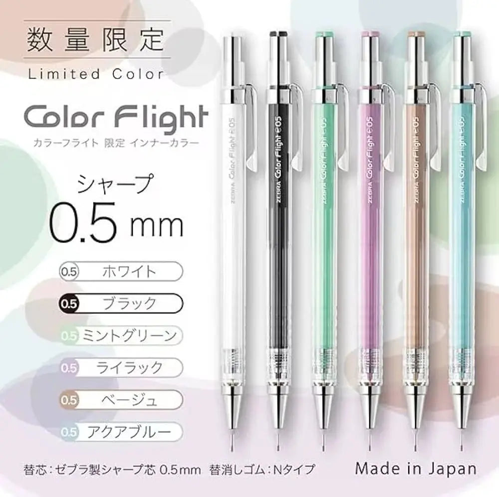 Zebra Color Flight limitli seri altı renk yan yana: beyaz, siyah, mint yeşil, lila, bej ve akua mavi, 0.5 mm
