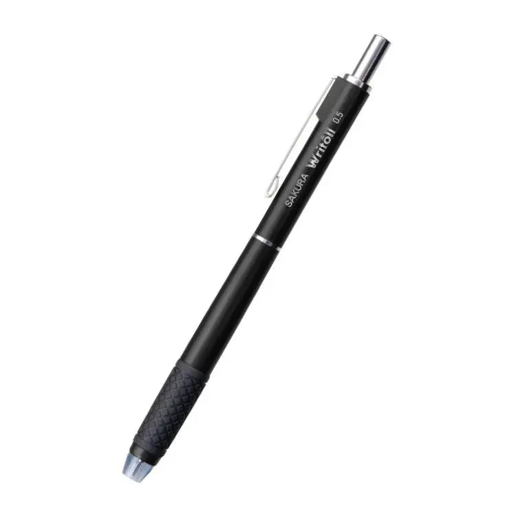 Sakura Writoll siyah gövde tek kalem, tam boy açılı görünüm, kareli lastik kavrama, 0.5 mm