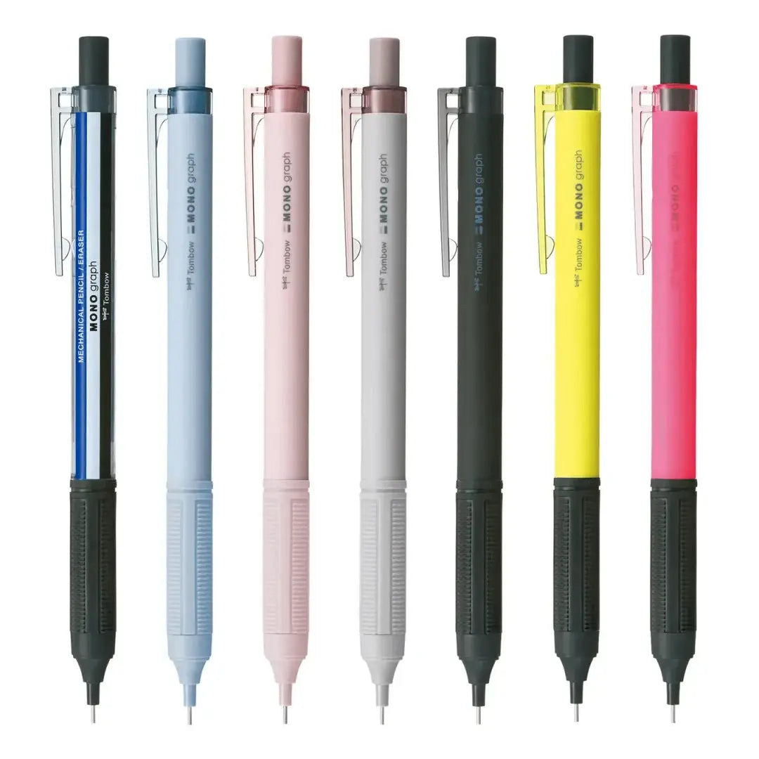 Tombow Mono Graph Lite versatil kalemin yedi renk seçeneği yan yana dizili, 0.5 mm