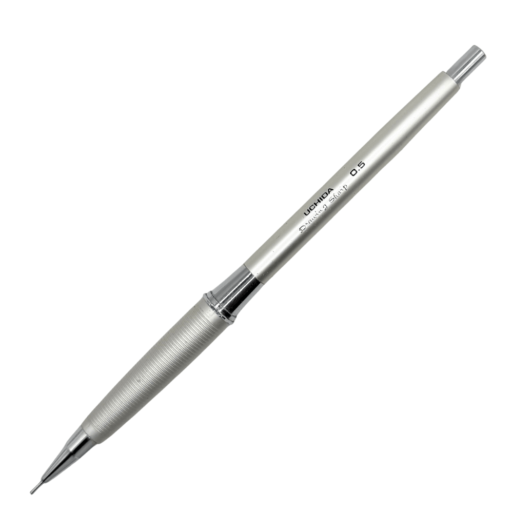 Uchida Drawing Sharp vintage versatil kalem gümüş gövde, tam boy eğik görünüm, 0.5 mm