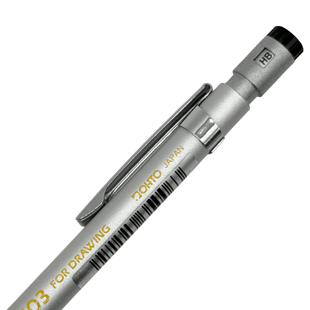 Ohto SP-503 üst gövde detayı, HB sertlik göstergeli siyah başlık, klips ve OHTO JAPAN baskısı