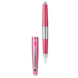 Pentel Kerry pembe kalem kapağı çıkarılmış, gövde ve krom koni ucu ayrı ayrı görünüyor, 0.5 mm
