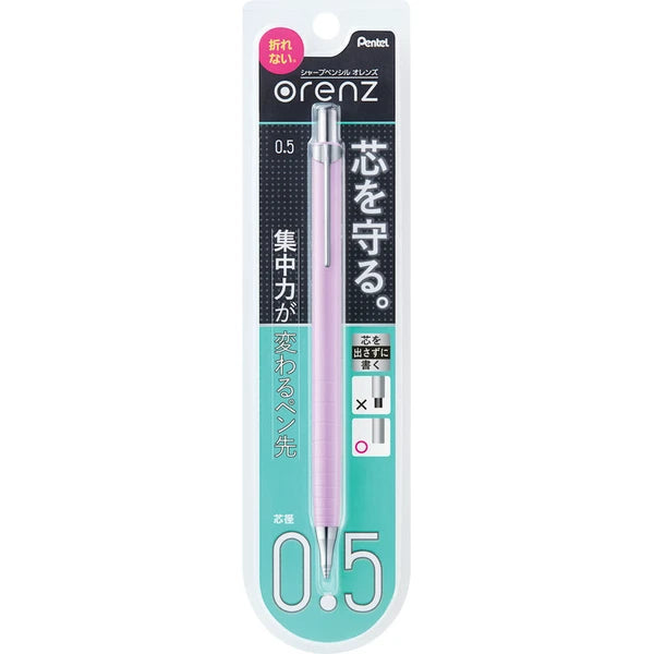 Pentel Orenz mor gövdeli versatil kalemin blister ambalajı, turkuaz kartta büyük 0.5 yazısı