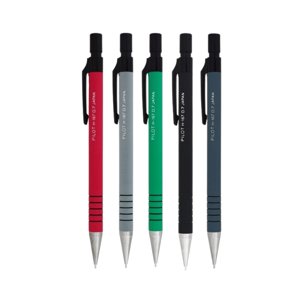 Pilot H-167 versatil kalem beş renk yan yana, kırmızı gri yeşil siyah ve lacivert, 0.7 mm