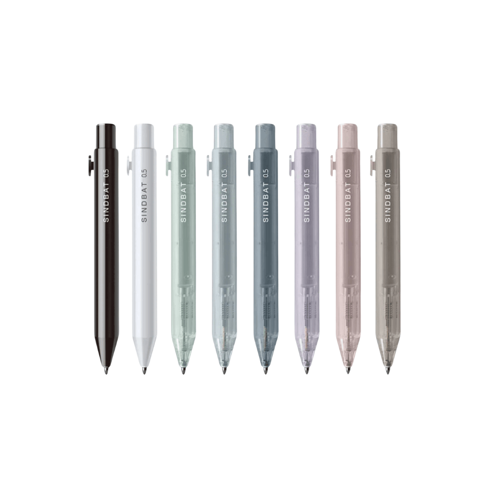 Sun-Star Sindbat versatil kalemin sekiz rengi yan yana; siyah, beyaz ve pastel tonlar, 0.5 mm