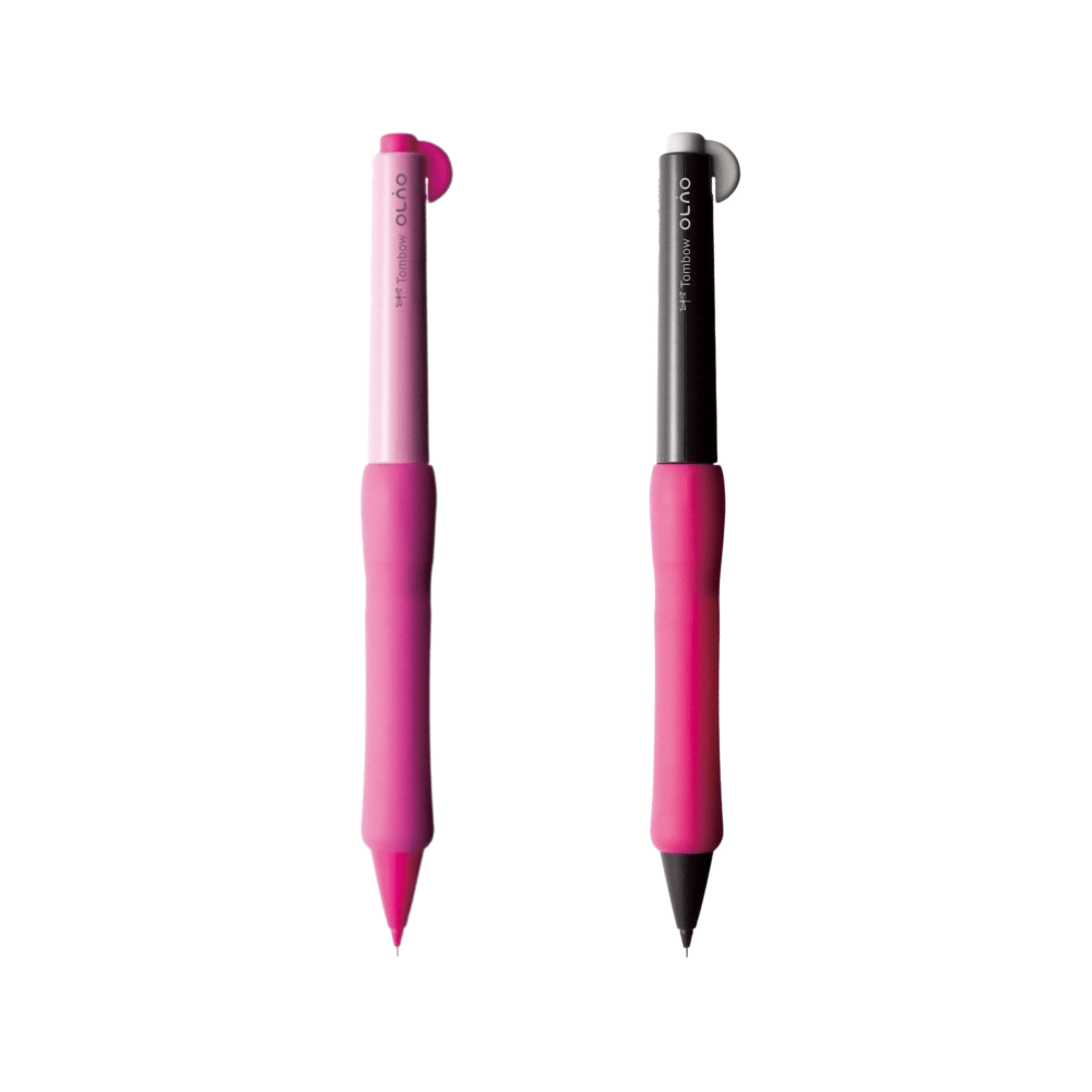 Tombow Olno versatil kalemin pastel pembe ve siyah versiyonları yan yana, pembe lastik kavramalar