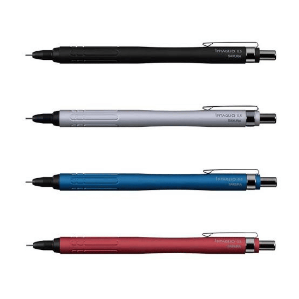 Sakura Intaglio versatil kalem siyah, gümüş, mavi ve bordo dört gövde alt alta dizili, 0.5 mm