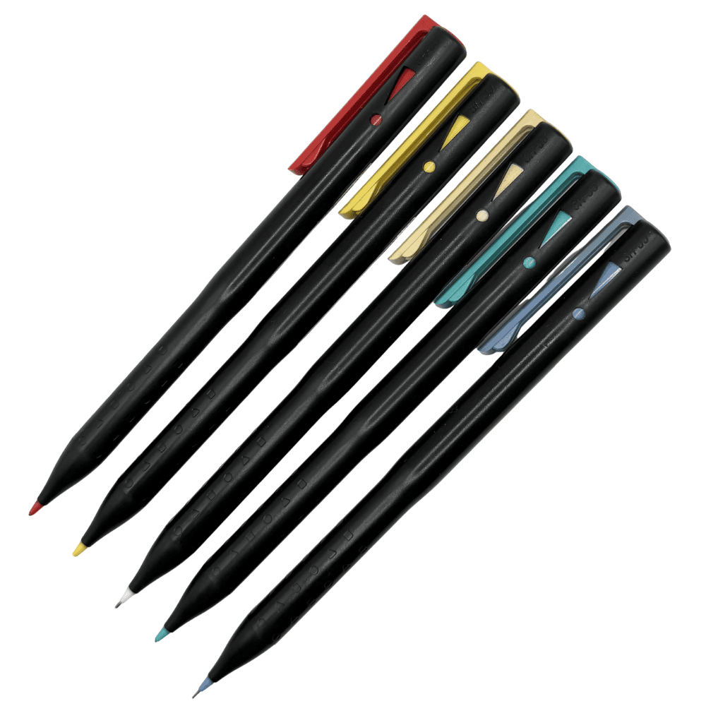 Tombow SH-JJ Vintage versatil kalem beş renk klipsli, siyah gövdeler yelpaze düzeninde, 0.5 mm