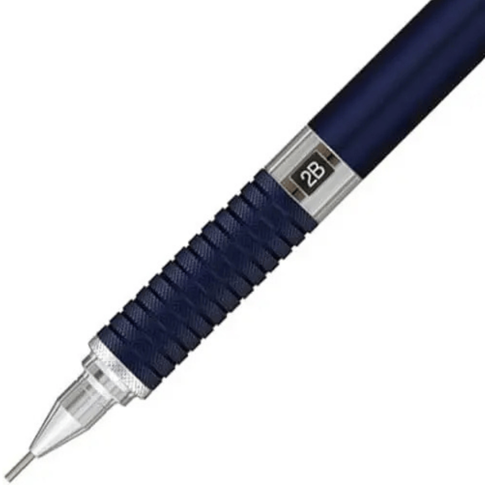 Staedtler 925 35-05 kalemin tırtıklı lacivert kavrama bölümü, 2B penceresi ve metal uç