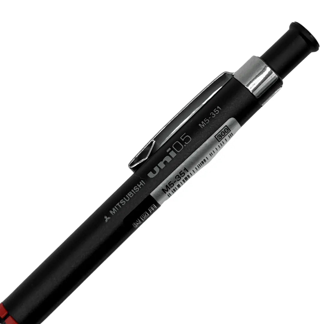 Uni M5-351 kalemin üst gövdesi, Mitsubishi uni 0.5 M5-351 baskısı ve krom klips okunuyor
