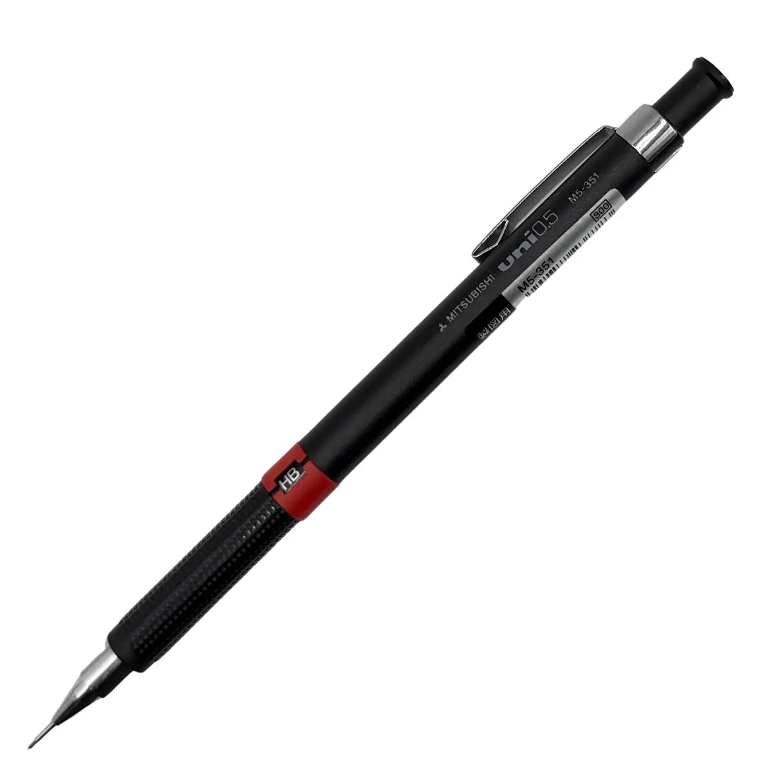 Uni M5-351 vintage versatil kalem siyah gövde, kırmızı HB halkası ve tırtıklı kavrama, 0.5 mm