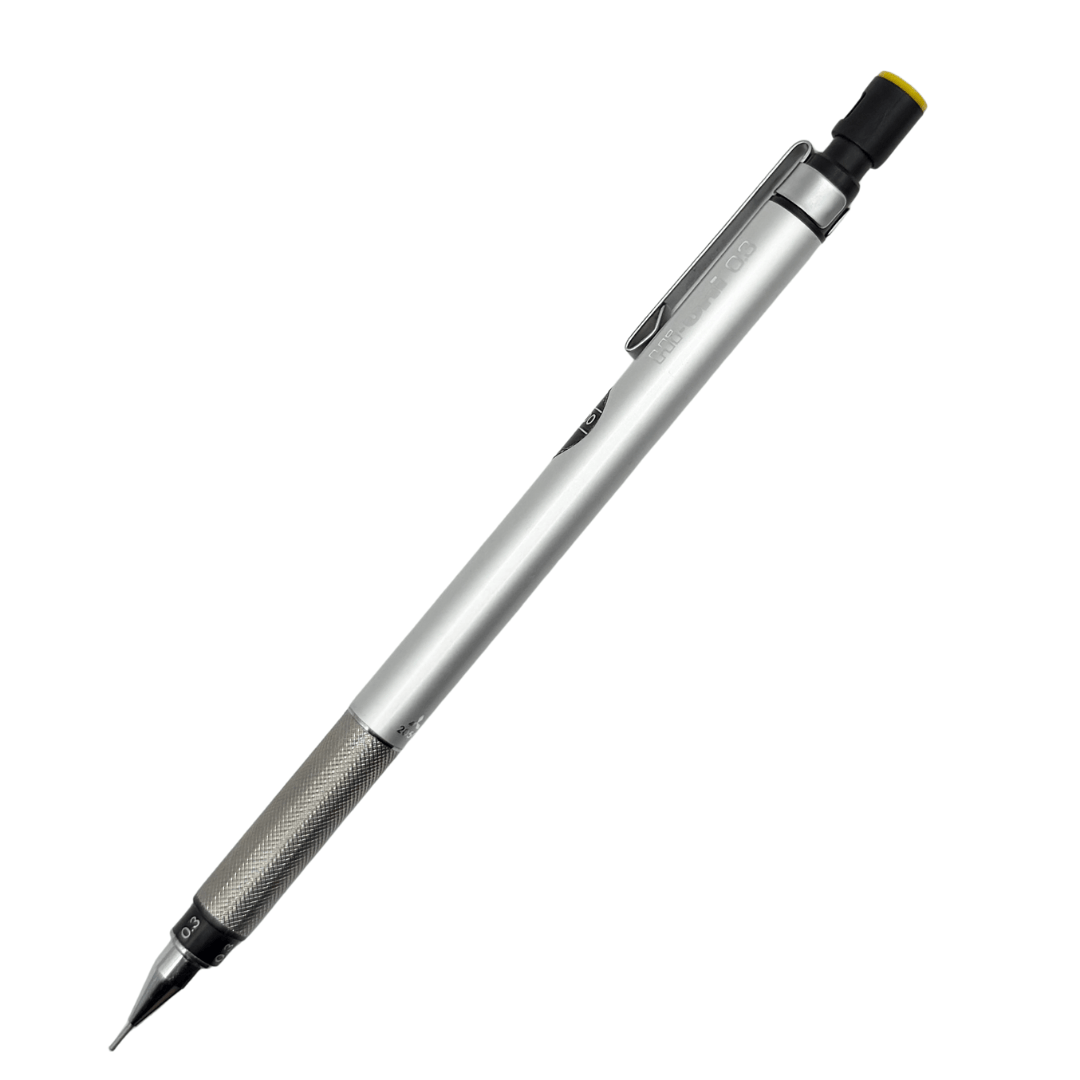 Hi Uni 2050 vintage versatil kalem gümüş gövde, sarı tıklama başlığı ve tırtıklı kavrama, tam boy, 0.3 mm