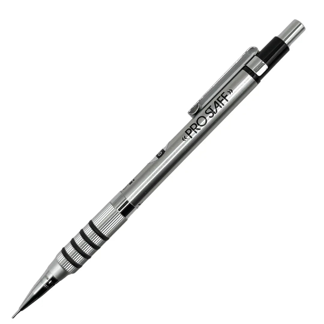 Uni Pro Staff vintage versatil kalem gümüş metal gövde, halkalı kavrama ve siyah başlık, 0.5 mm