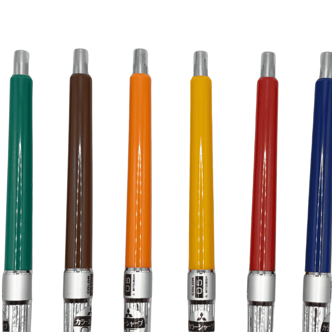 Uni Mitsubishi Color Sharp kalemlerin parlak lake gövdeleri ve metal tıklama başlıkları, altı renk