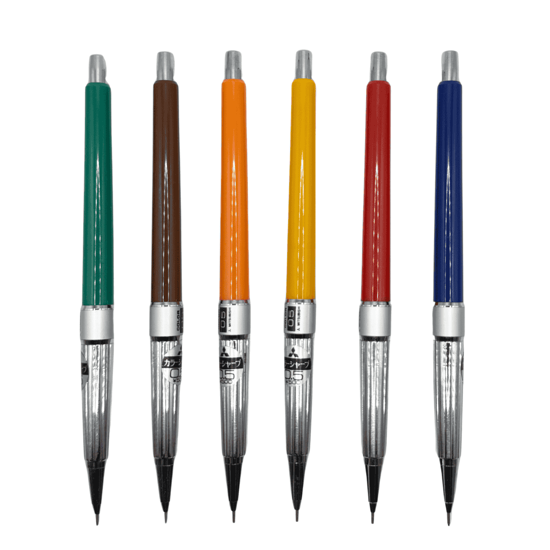 Uni Mitsubishi Color Sharp versatil kalem seti, yeşil, kahve, turuncu, sarı, kırmızı ve mavi altı gövde, 0.5 mm