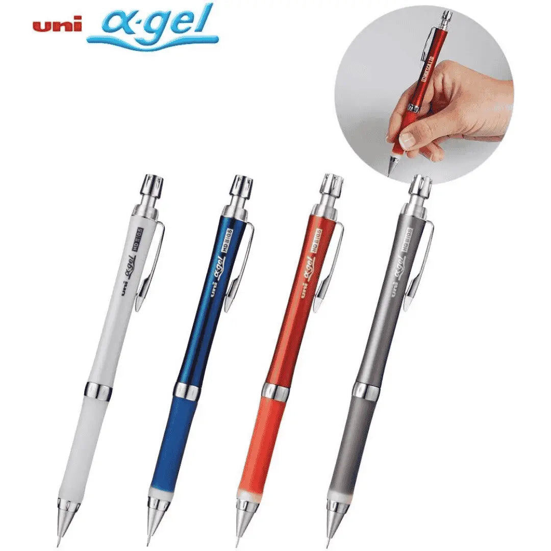 Uni Alpha Gel Slim versatil kalem dört renkte: beyaz, lacivert, kırmızı ve gri, köşede elde tutulan kare
