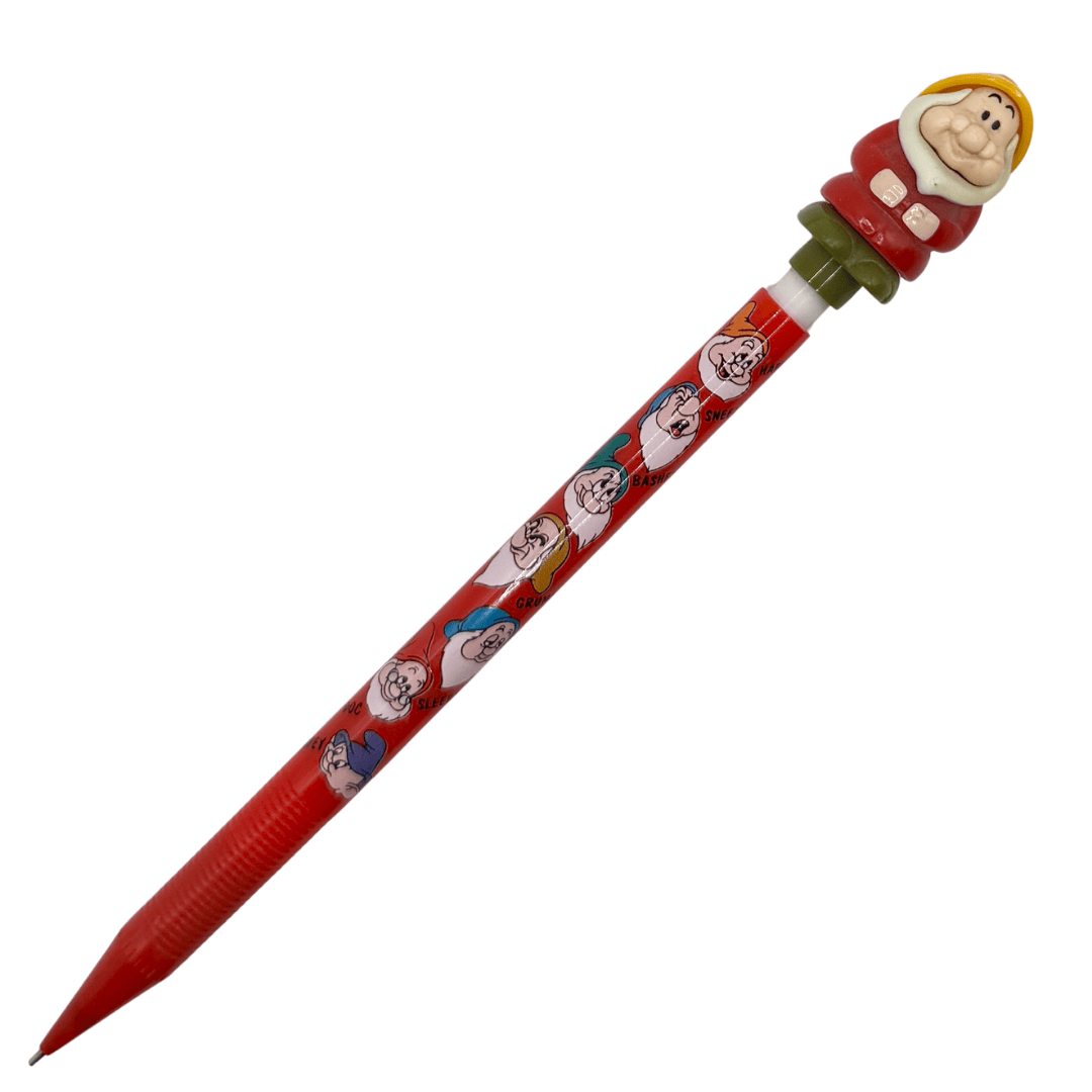 Pentel The Seven Dwarfs vintage versatil kalem, kırmızı gövdede cüce yüzleri ve tepesinde cüce figürü