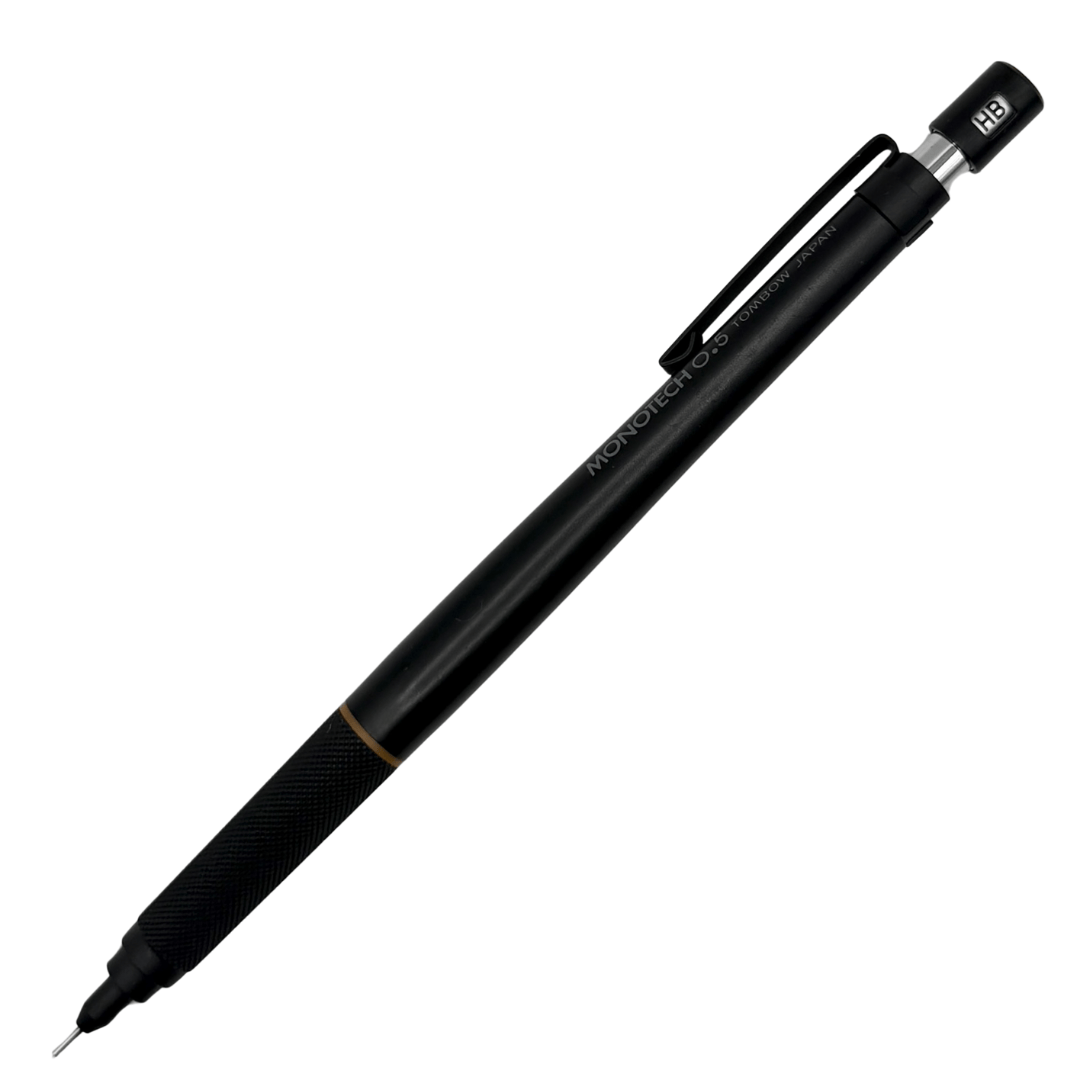 Tombow Monotech 1000 vintage versatil kalem mat siyah gövde, tırtıklı kavrama ve HB göstergesi, 0.5 mm