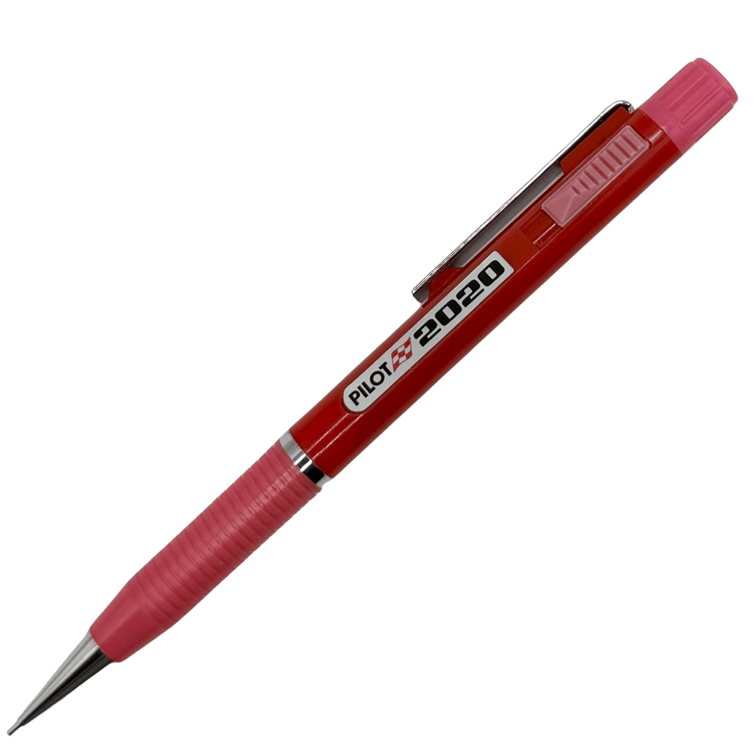 Pilot 2020 vintage versatil kalem kırmızı gövde ve pembe tırtıklı kavrama, açılı tam boy, 0.5 mm
