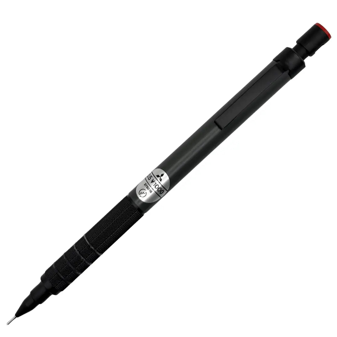 Uni M5-1052 vintage versatil kalem koyu gri gövde, tırtıklı kavrama ve kırmızı başlık, 0.5 mm