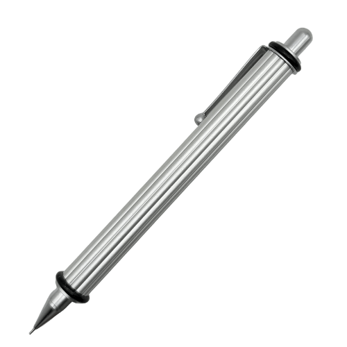 Uni Boxy Milano vintage versatil kalem gümüş yivli metal gövde, tam boy görünüm, 0.5 mm