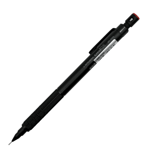 Uni M5-1052 vintage versatil kalem, mat siyah gövde ve kırmızı başlık, tam boy çapraz görünüm, 0.5 mm