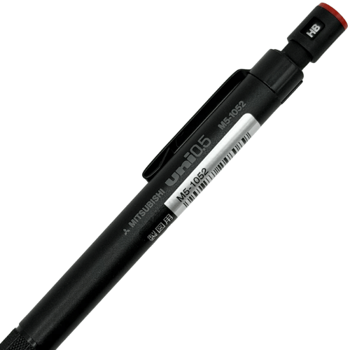 Uni M5-1052 gövde baskısı, uni 0.5 ve MITSUBISHI yazıları ile klips ayrıntısı