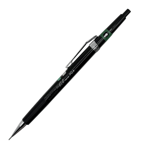 Pentel PG4 vintage versatil kalem siyah gövde, tam boy açılı görünüm, yeşil HB göstergesi, 0.4 mm