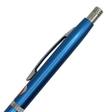 Pentel SG mavi kalemin üst bölümü, uzun krom klips ve metal tıklama başlığı