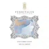 Ferritales koleksiyonu Unfettered Flight etiketi, gümüş çerçeve içinde pastel mavi mürekkep lekesi