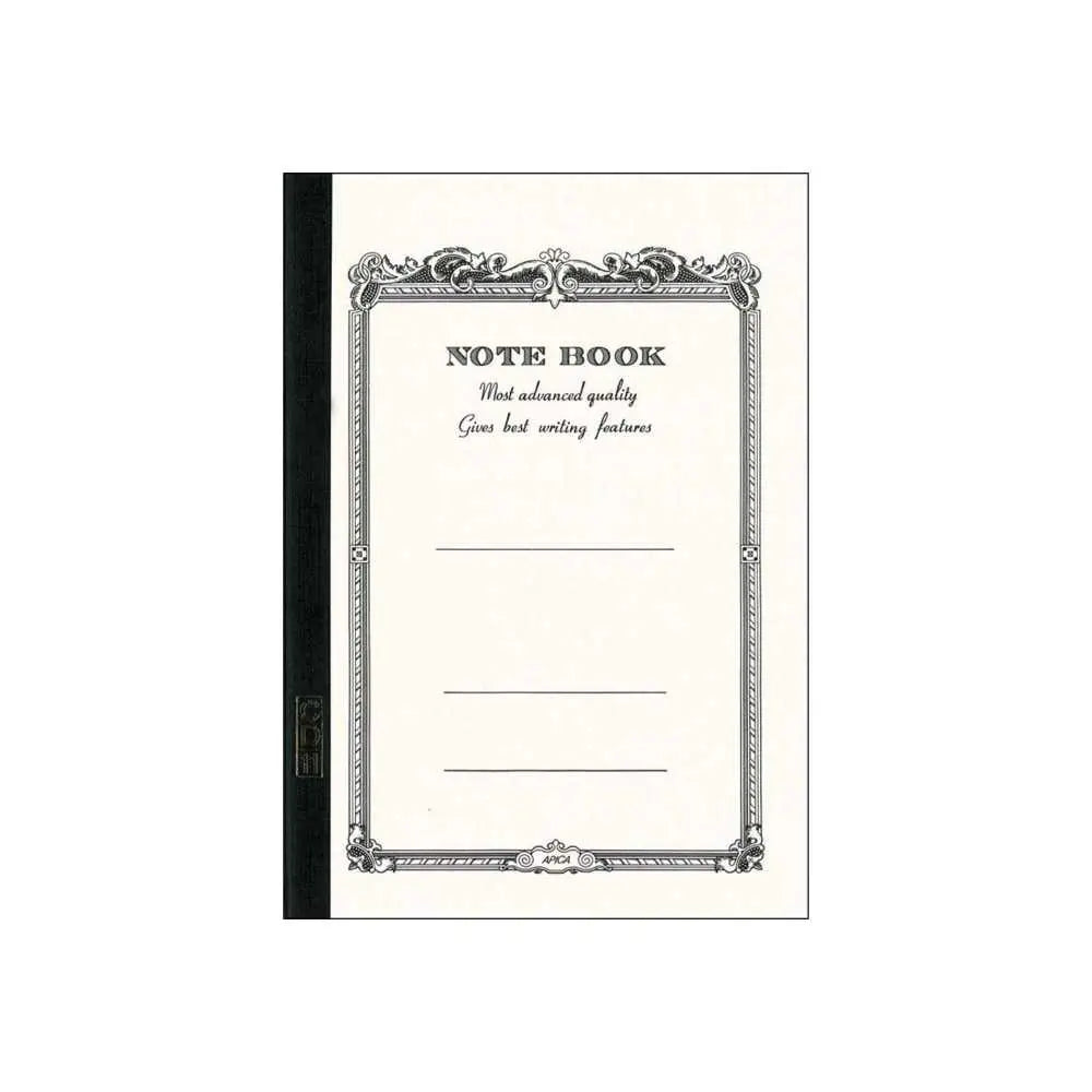 Apica CD-11 A5 defterin krem kapağı, süslü çerçeveli NOTE BOOK baskısı ve siyah bez sırt