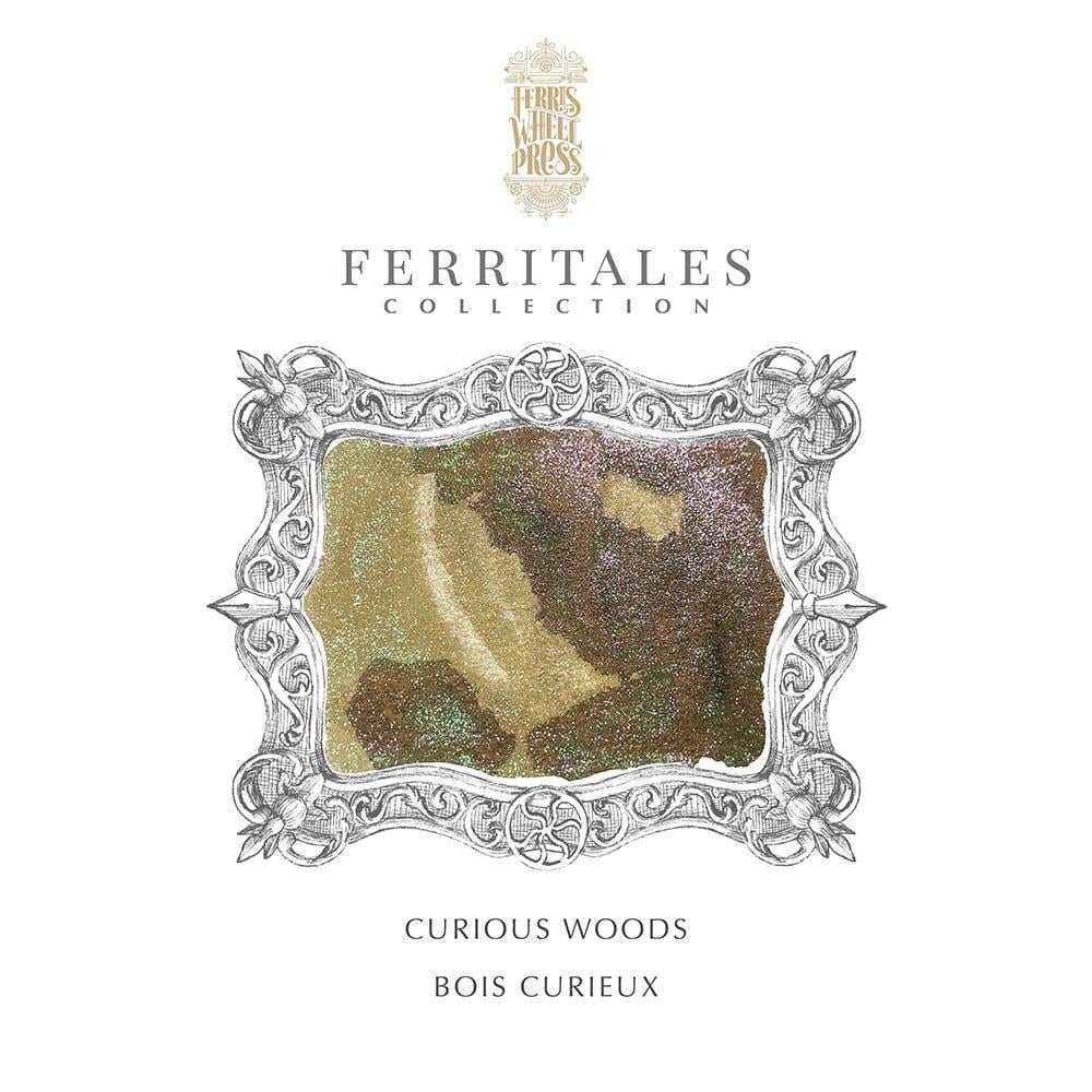 Ferritales koleksiyonu Curious Woods rengini süslemeli çerçevede gösteren kart, yeşil ve kahve simli tonlar
