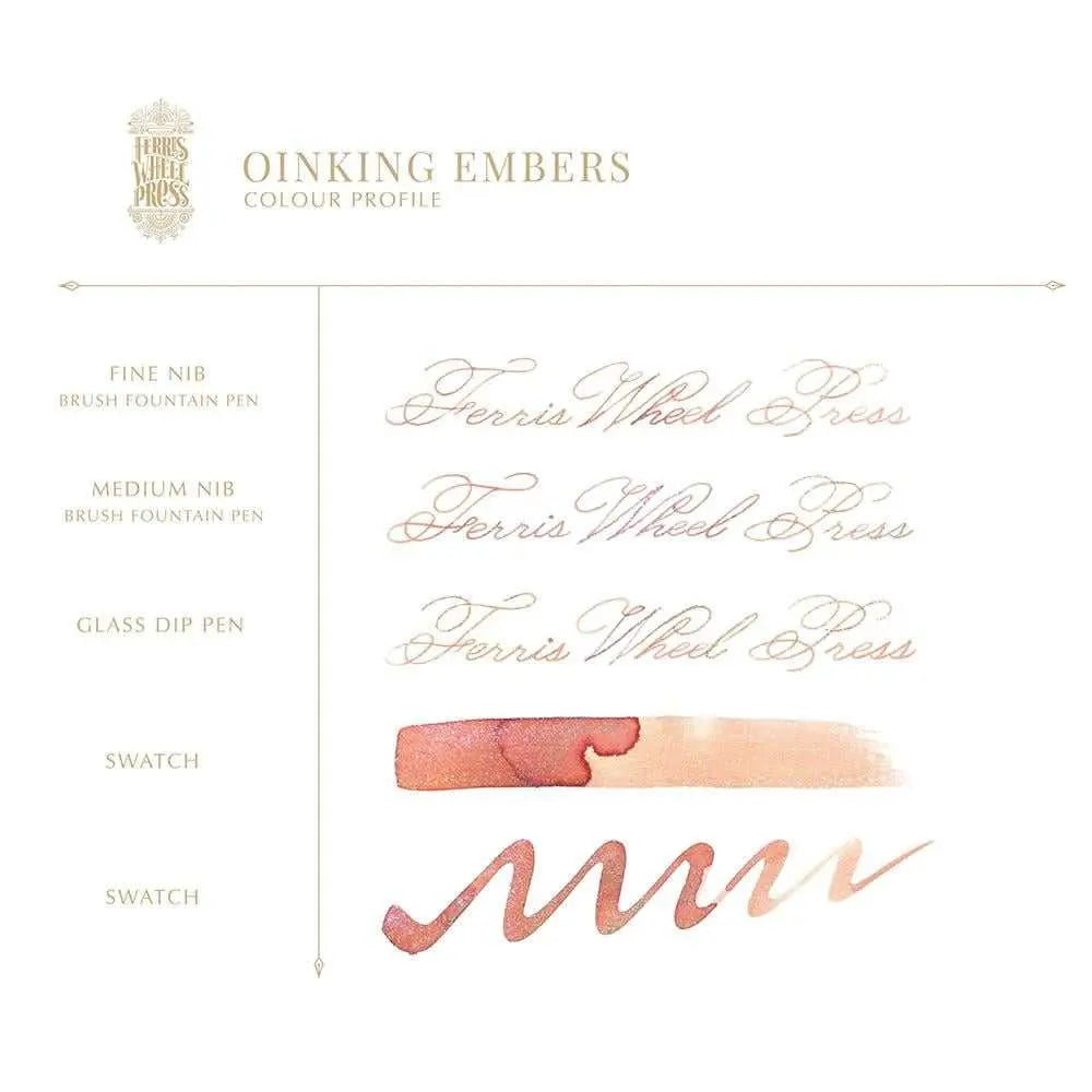 Oinking Embers renk profili tablosu, fine ve medium uç ile cam kalem yazı örnekleri ve iki swatch
