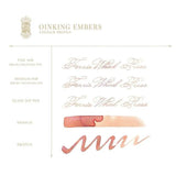 Oinking Embers renk profili tablosu, fine ve medium uç ile cam kalem yazı örnekleri ve iki swatch