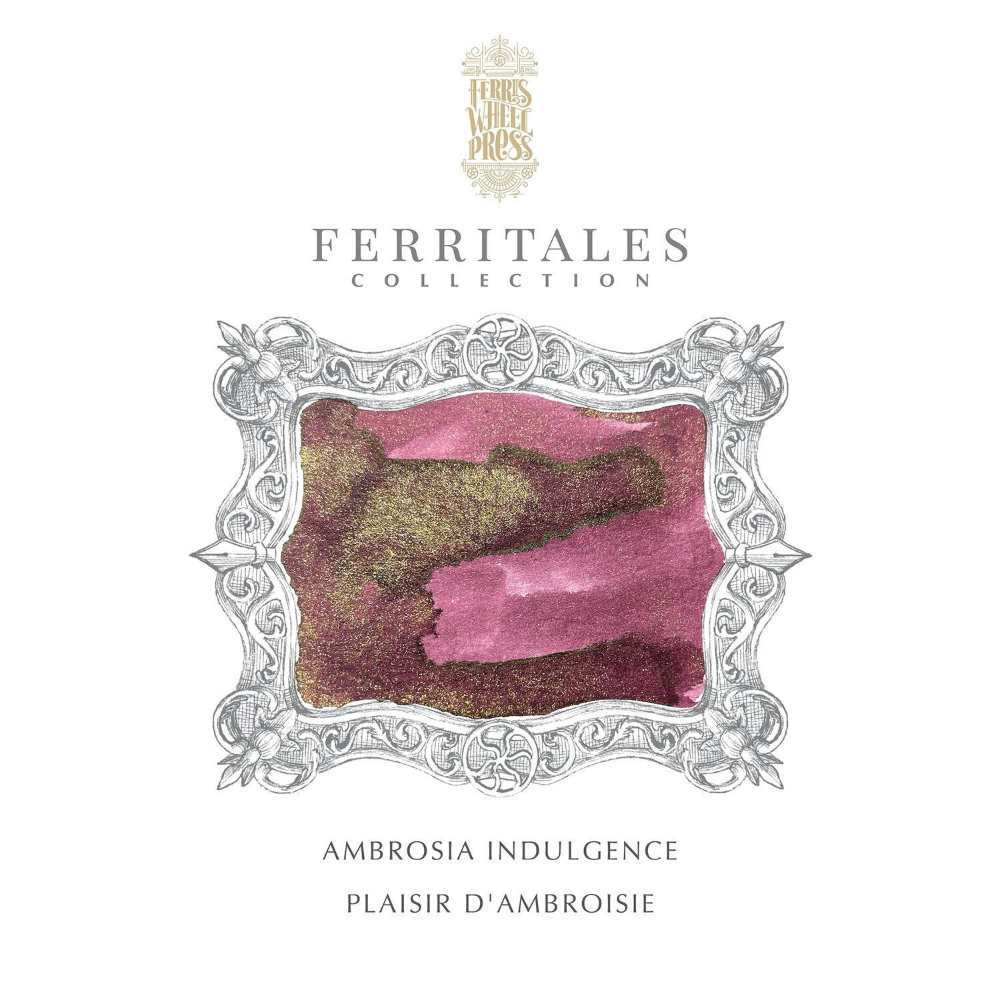 Ferritales Ambrosia Indulgence mürekkebin çerçeve içinde pembe ve altın simli renk kartı