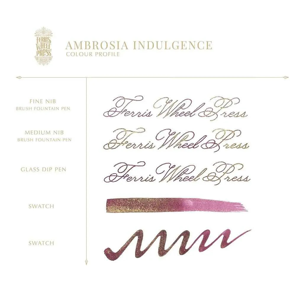 Ambrosia Indulgence renk profili: Fine, Medium ve cam kalem yazı örnekleri, iki swatch