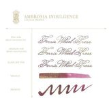 Ambrosia Indulgence renk profili: Fine, Medium ve cam kalem yazı örnekleri, iki swatch