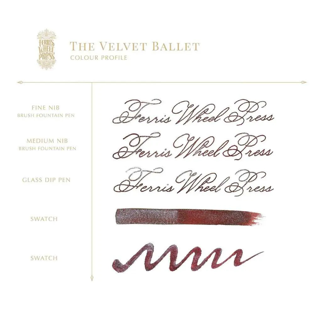 Velvet Ballet renk profili; ince uç, orta uç ve cam kalemle yazı örnekleri ile iki fırça swatch