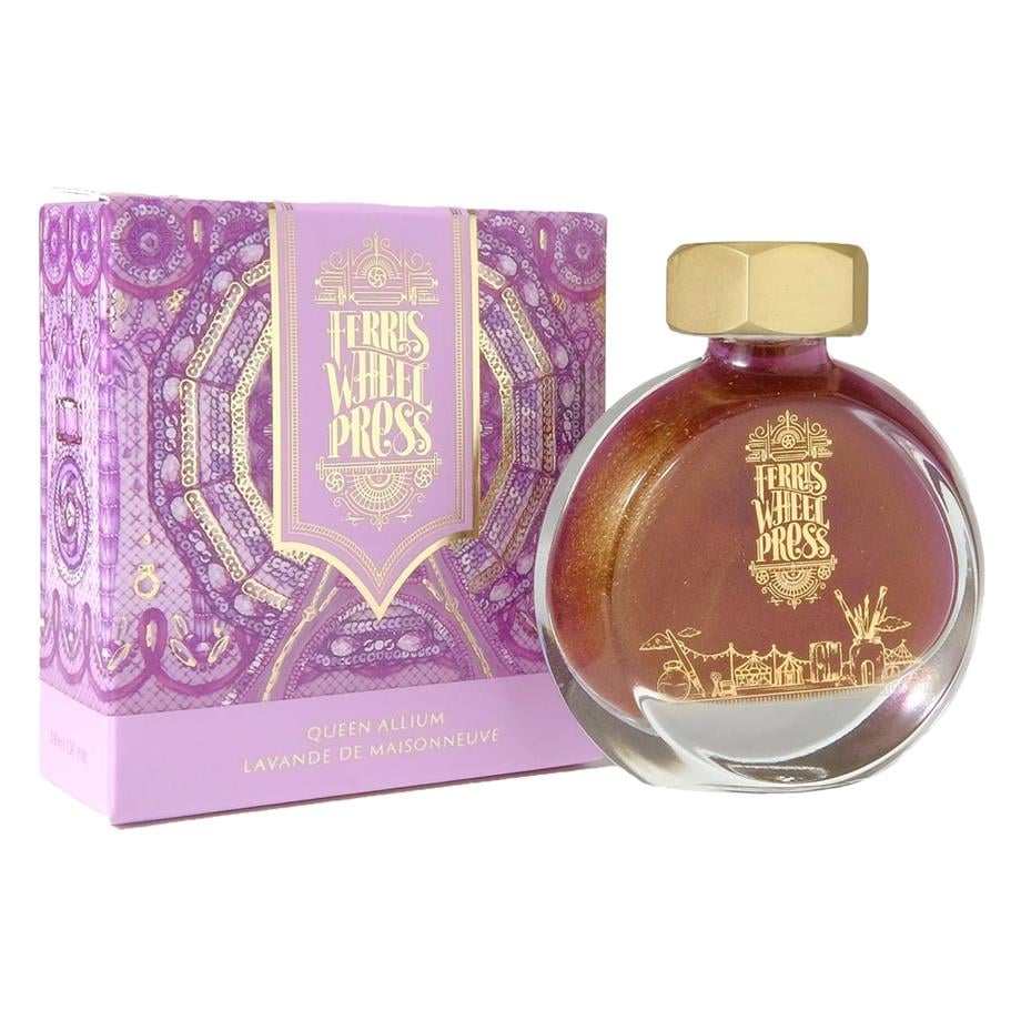Ferris Wheel Press Queen Allium 38 ml cam şişe mürekkep, altın kapak ve mor desenli kutusuyla
