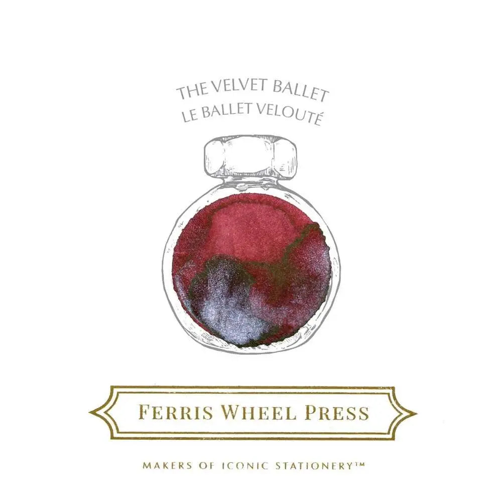 Velvet Ballet renk kartı; çizilmiş şişe içinde bordo mürekkebin gümüş parıltılı tonu