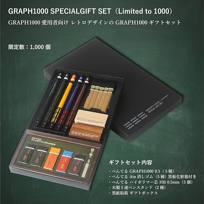 Pentel Graph 1000 sınırlı 1000 adetlik hediye seti, kapağı yanda duran dolu kutunun üstten görünümü