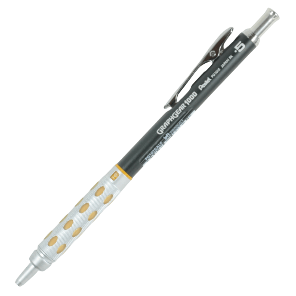 Pentel GraphGear 1000 sarı model tam boy, koyu gövde ve sarı noktalı gümüş kavrama, 0.5 mm