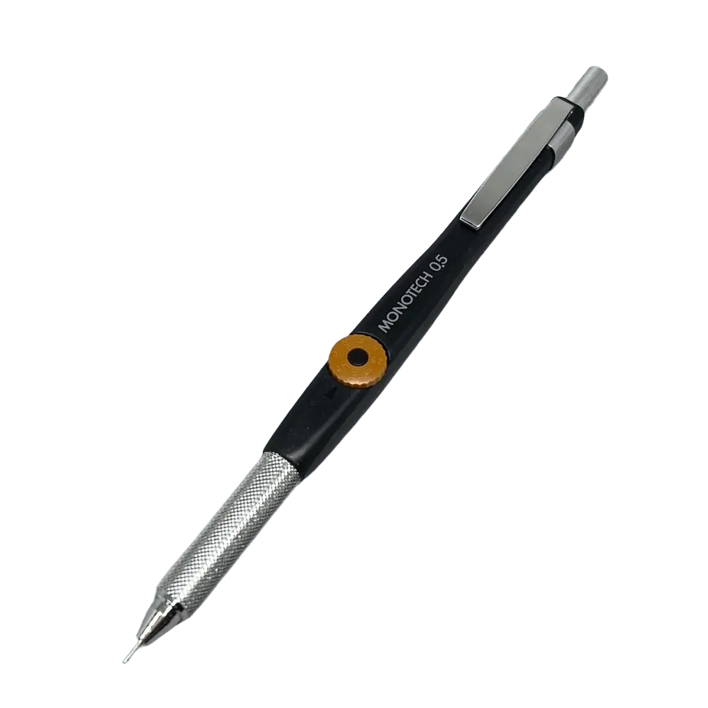 Tombow Monotech 500 versatil kalem siyah gövde, tırtıklı metal kavrama ve turuncu sertlik göstergesi, 0.5