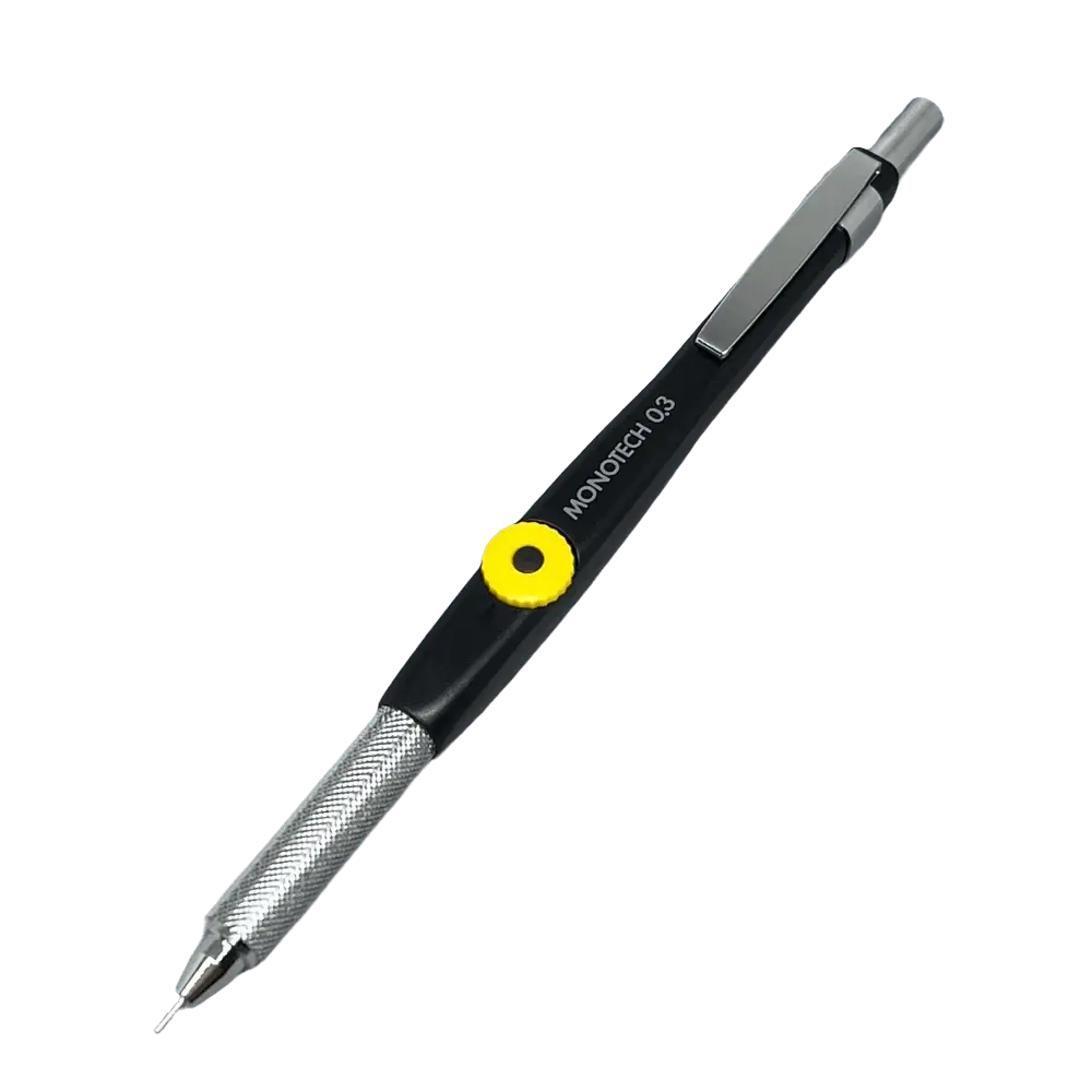 Tombow Monotech 500 versatil kalem siyah gövde, sarı ayar düğmesi ve tırtıklı metal kavrama, 0.3 mm