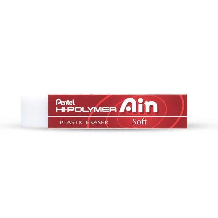 Pentel Hi-Polymer Ain Soft silgi, kırmızı beyaz kartonlu kılıfında yatay duruyor