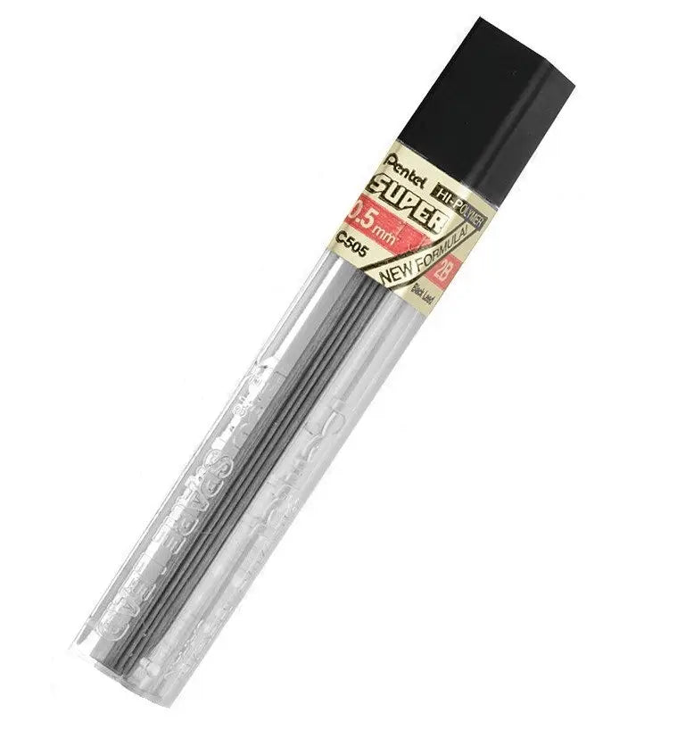 Pentel Super Hi-Polymer 0.5 mm 2B kalem uçları, şeffaf tüp içinde siyah kapaklı C505 kutu